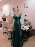 Niulatu Teal Blue Satin V-neck Formal Prom Party Dress with Slit SD1445