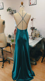 Niulatu Teal Blue Satin V-neck Formal Prom Party Dress with Slit SD1445