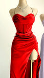 Niulatu Sheath Spaghetti Straps Red Satin Sleeveless Long Backless Prom Dresses SD1447