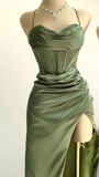 Niulatu Sheath Spaghetti Straps Red Satin Sleeveless Long Backless Prom Dresses SD1447
