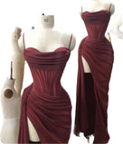 Niulatu Sheath Spaghetti Straps Burgundy Sleeveless Long Prom Dresses SD1448