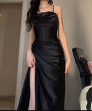 Niulatu Sheath Spaghetti Straps Satin Black Sleeveless Slit Prom Dresses SD1449