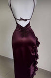 Niulatu Sheath Halter Satin Burgundy Sleeveless High Low Prom Dresses SD1450