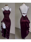 Niulatu Sheath Halter Satin Burgundy Sleeveless High Low Prom Dresses SD1450