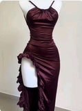 Niulatu Sheath Halter Satin Burgundy Sleeveless High Low Prom Dresses SD1450