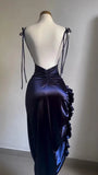 Niulatu Sheath Halter Satin Navy Blue Sleeveless High Low Prom Dresses SD1451