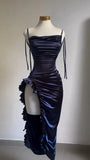 Niulatu Sheath Halter Satin Navy Blue Sleeveless High Low Prom Dresses SD1451