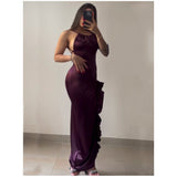 Niulatu Sheath Halter Satin Burgundy Sleeveless High Low Prom Dresses SD1450