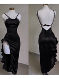 Niulatu Sheath Halter Satin Black Sleeveless High Low Prom Dresses SD1452