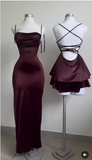 Niulatu Sheath Spaghetti Straps Burgundy Satin Sleeveless Long Backless Prom Dresses SD1453
