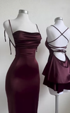 Niulatu Sheath Spaghetti Straps Burgundy Satin Sleeveless Long Backless Prom Dresses SD1453
