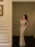 Niulatu Sheath Off The Shoulder White Long Sleeves Prom Dresses SD1454