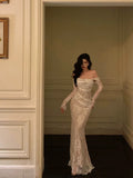 Niulatu Sheath Off The Shoulder White Long Sleeves Prom Dresses SD1454