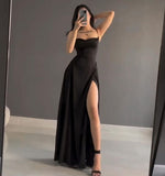Niulatu A Line Spaghetti Straps Satin Black Sleeveless Slit Prom Dresses SD1455