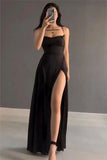 Niulatu A Line Spaghetti Straps Satin Black Sleeveless Slit Prom Dresses SD1455