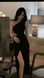 Niulatu A Line One Shoulder Black Sleeveless Slit Prom Dresses SD1456