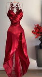 Niulatu A Line Halter Red Sleeveless Long Party Dress Prom Dresses SD1457