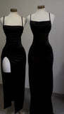Niulatu Sheath Spaghetti Straps Black Sleeveless Long Backless Prom Dresses SD1459