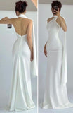 Niulatu Mermaid High Neckline White Party Dress Long Prom Dresses SD1462