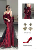 Niulatu Mermaid Off The Shoulder Burgundy Long Party Dress Sequin Prom Dresses SD1464