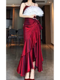 Niulatu Mermaid Spaghetti Straps Burgundy Party Dress Long Prom Dresses SD1465