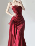 Niulatu Mermaid Spaghetti Straps Burgundy Party Dress Long Prom Dresses SD1465