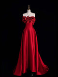 Niulatu A Line Strapless Satin Red Party Dress Long Prom Dresses SD1468