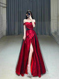 Niulatu A Line Off The Shoulder Red Slit Party Dress Long Prom Dresses SD1469