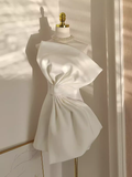 Niulatu A line Strapless White Travel Vacation Dresses Short Satin Birthday Dress SD146