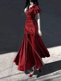 Niulatu Mermaid One Shoulder Black Satin Party Dress Long Prom Dresses SD1471
