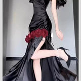 Niulatu Mermaid One Shoulder Black Satin Party Dress Long Prom Dresses SD1471