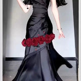 Niulatu Mermaid One Shoulder Black Satin Party Dress Long Prom Dresses SD1471