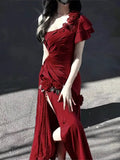 Niulatu Mermaid One Shoulder Black Satin Party Dress Long Prom Dresses SD1471