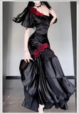 Niulatu Mermaid One Shoulder Black Satin Party Dress Long Prom Dresses SD1471