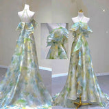 Niulatu A line Off The Shoulder Halter Green Floral Long Party Dress Prom Dresses SD1473
