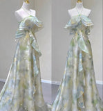 Niulatu A line Off The Shoulder Halter Green Floral Long Party Dress Prom Dresses SD1473