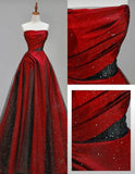 Niulatu A line Strapless Red Sequin Tulle Long Party Dress Prom Dresses SD1474