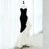 Niulatu Mermaid Strapless Sequin Black Satin Party Dress Long Prom Dresses SD1476