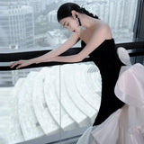 Niulatu Mermaid Strapless Sequin Black Satin Party Dress Long Prom Dresses SD1476