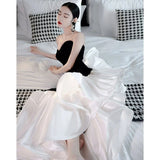 Niulatu Mermaid Strapless Sequin Black Satin Party Dress Long Prom Dresses SD1476
