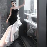 Niulatu Mermaid Strapless Sequin Black Satin Party Dress Long Prom Dresses SD1476