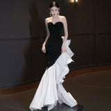 Niulatu Mermaid Strapless Sequin Black Satin Party Dress Long Prom Dresses SD1476