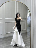 Niulatu Mermaid Strapless Sequin Black Satin Party Dress Long Prom Dresses SD1476