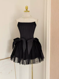 Niulatu A line Strapless Black Travel Vacation Dresses Short Satin Birthday Dress SD147