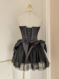 Niulatu A line Strapless Black Travel Vacation Dresses Short Satin Birthday Dress SD147