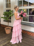 Niulatu A line Halter Chiffon floor-length pink prom dresses SD1480