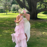 Niulatu A line Halter Chiffon floor-length pink prom dresses SD1480