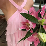 Niulatu A line Halter Chiffon floor-length pink prom dresses SD1480
