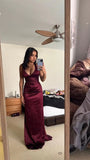 Niulatu Plunging V- Neckline Long Evening Dress Burgundy Prom Dresses SD1485