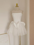 Niulatu A line Strapless White Travel Vacation Dresses Short Satin Birthday Dress SD148